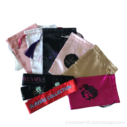 Low MOQ Private Label Virgin Hair Packaging Custom Silky Satin Bags Drawstring Bags With Logo for Hair Bundles And Wigs
